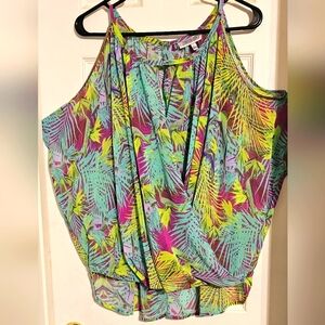 Jennifer Lopez open shoulder wrap front sheer blouse